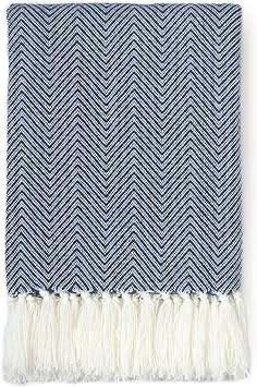 Hofdeco Modern Herringbone Stripes Decorative Knitted Throw Blanket with Fringe for Couch Sofa, 50" x 60", Navy Blue