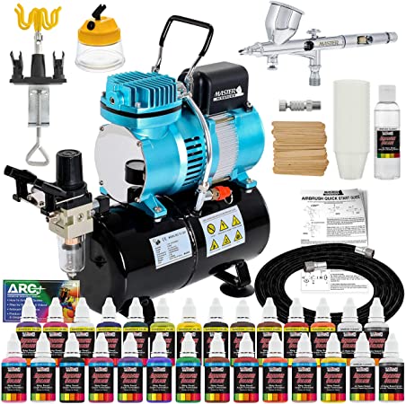 Master Airbrush Cool Runner II Dual Fan Air Storage Tank Compressor System Kit with a G44 Fine Detail Control 0.2mm Tip Airbrush, 24 Color Acrylic Paint Artist Set, Holders, Cleaning Pot, How-To Guide