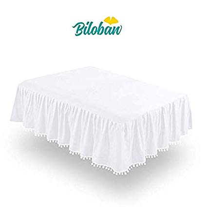 White Crib Skirt Pleated with Lovely Pompoms, Bedding Dust Ruffle for Baby Girls and Baby Boys, 14" Drop, Fit All Standard Crib Bed,White, Microfiber.