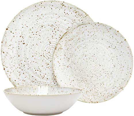 Rivet 18-Piece Stoneware Plates and Bowls Dinnerware Set, Service for 6, Speckle Swirl Glaze