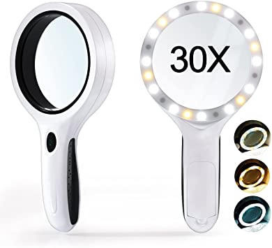 LDesign Magnifying Glass with Light, 30X Handheld Large Reading Magnifier 18 LED 3 Modes , Illuminated Lighted Magnifier for Macular Degeneration, Seniors Reading Small Print, Stamps, Map, Inspection