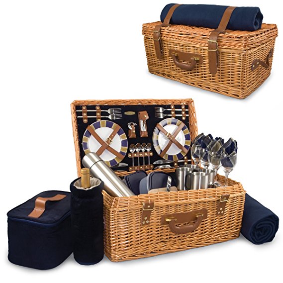 Picnic Time Windsor English-Style Willow Picnic Basket with Deluxe Service for 4