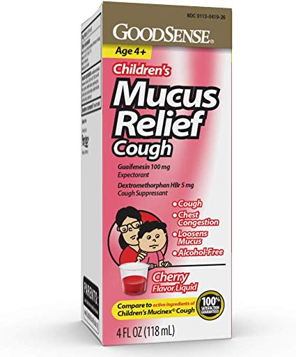 Good Sense Children's Mucus Relief Cough Syrup, Cherry-Flavored Cough Suppressant for Kids