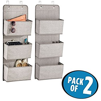 mDesign Over the Door Fabric Closet Storage Organizer for Purses, Shoes, Sunglasses - Pack of 2, 3 Pockets Each, Linen