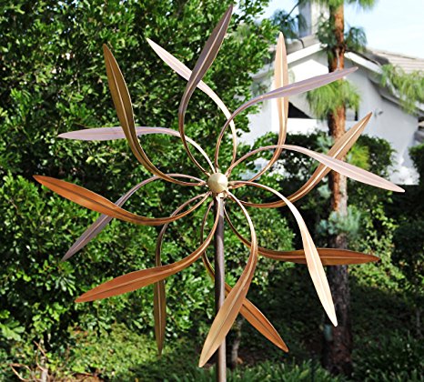 Stanwood Wind Sculpture: Large Kinetic Copper Dual Spinner - Dancing Willow Leaves Jumbo Version (3-ft Across, 9-ft Tall)