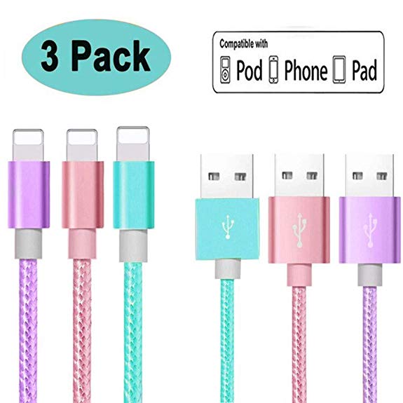 Charger Cable 6ft/2m 3Pack Nylon Braided USB Phone Charger Cord Compatible with Phone Xs XS Max XR X 8 8 Plus 7 7 Plus 6s 6s Plus 6 6 Plus Pad Pod Nano Pink Purple Green