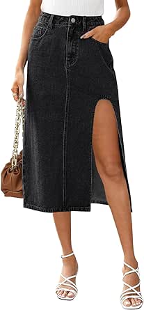 MEROKEETY Women's 2024 Split Denim Skirt High Waist Casual Trendy Midi Jean Skirts with Pockets