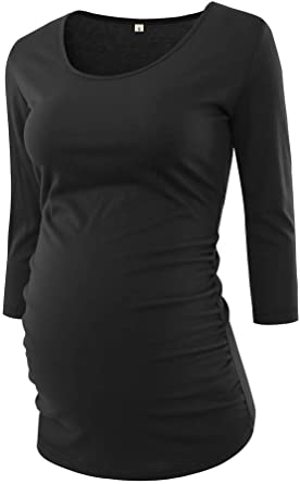 BBHoping Women's Maternity Tops 3/4 Sleeve Round Neck Classic Side Ruched Pregnancy T-Shirt