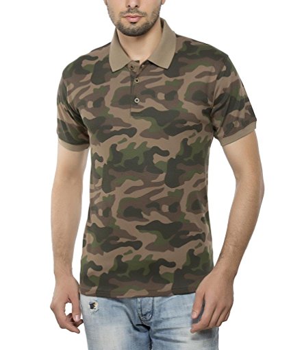 Clifton Mens Army Printed Half Sleeve Collar Polo T-Shirt-Walnut