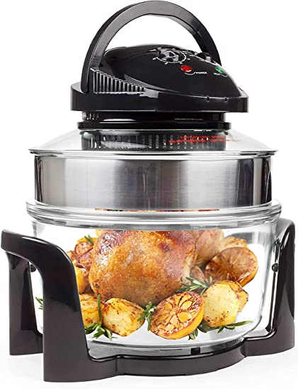 Andrew James Premium Halogen Oven with Spare Bulb 1400W with Accessories Self Clean Function & Recipes | 12 - 17L Cooker & Lid | Adjustable Temp & Timer | Incl. 5L Extender Ring Rack Tray (Black)