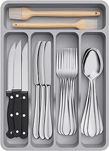 Lifewit Silverware Drawer Organizer Tray, Plastic Cutlery Storage for Kitchen Drawer, Flatware and Utensil Holder Divider for Spoons Forks Knives Tableware, 5 Compartment, Gray