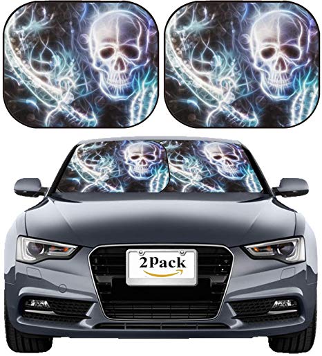 MSD Car Sun Shade Windshield Sunshade Universal Fit 2 Pack, Block Sun Glare, UV and Heat, Protect Car Interior, Image ID: 35819549 Skull with a Hand Sword Airbrush Painting with Bokeh and Fractal