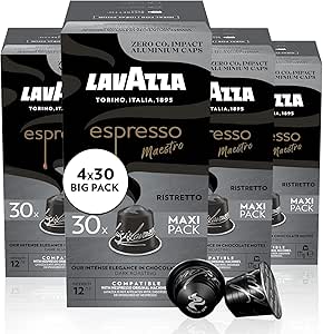 LAVAZZA - Cafe Espresso Maestro Ristretto - Café Capsule - Café Corsé 100 % Arabica - Lot de 8 x 30 Capsules Aluminium Compatibles Avec Les Machines Nespresso®