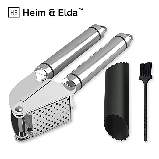 Premium Garlic Press and Peeler Set. Comes with Stainless Steel Mincer and Silicone Tube Roller