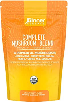 Mushroom Powder Extract - 6 Powerful Mushrooms - Lion's Mane, Cordyceps, Chaga, Reishi, Turkey Tail, Maitake - USDA Organic - Add To Coffee, Tea, Smoothies - No Fillers Included