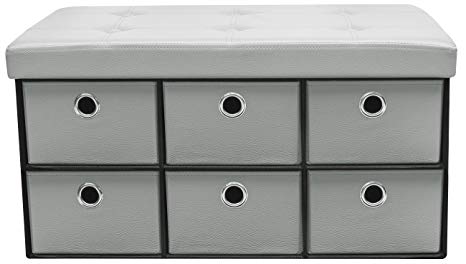 Sorbus Storage Ottoman Bench with Drawers – Collapsible Folding Bench Chest with Cover – Perfect for Entryway, Bedroom, Cubby Drawer Footstool, Contemporary Faux Leather (Gray)