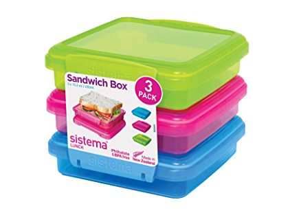 Sistema Lunch Collection Sandwich Box Food Storage Container, 15.2 Ounce/1.9 Cup, Assorted Colors, Set of 3