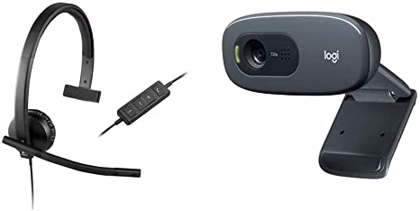 Logitech USB H570e Corded Single-Ear Headset & C270 Desktop or Laptop Webcam, HD 720p Widescreen for Video Calling and Recording