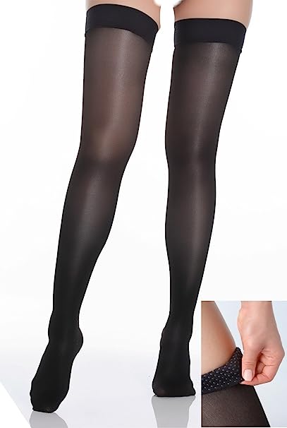 BriteLeafs Sheer Compression Stockings Thigh High 20-30 mmHg, Firm Support, Stay-Up Silicone Band, Closed Toe (X-Large, Black)