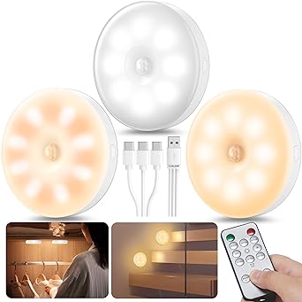 YiaMia Night Lights, Light Sensor   Motion Sensor Under Cabinet Lights, 3 Color Dimmable Wireless Closet Lights with Remote Control, LED Puck Lights for Kitchen, Cabinet, Hallway, Drawer (3 Pack)