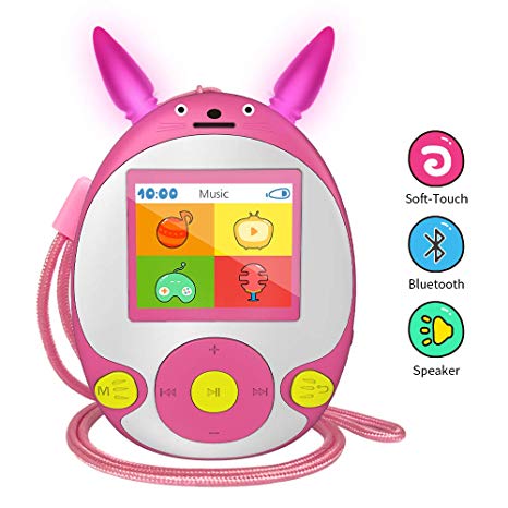Wiwoo Bluetooth MP3 Player for Kids, 8GB Lossless Portable Music Player with Speakers, FM Radio, Voice Recorder, Video,Pictures, Kids Friendly MP3 Player with Cartoon Pattern Support Up to 128GB, Pink