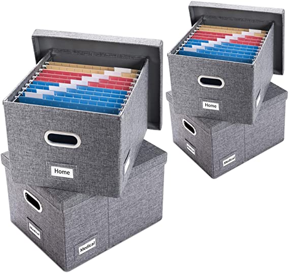 Prandom File Organizer Box - Set of 4 Collapsible Decorative Linen Filing Storage Hanging File Folders with Lids Office Cabinet Letter/Legal Size Grey (17x14x11.2 inch)