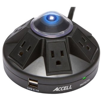 Accell D080B-015K Powramid - 1080 Joules Surge Protector (6 Outlets, 2 USB 2.1A Charging Ports) 6 foot Cord - Black