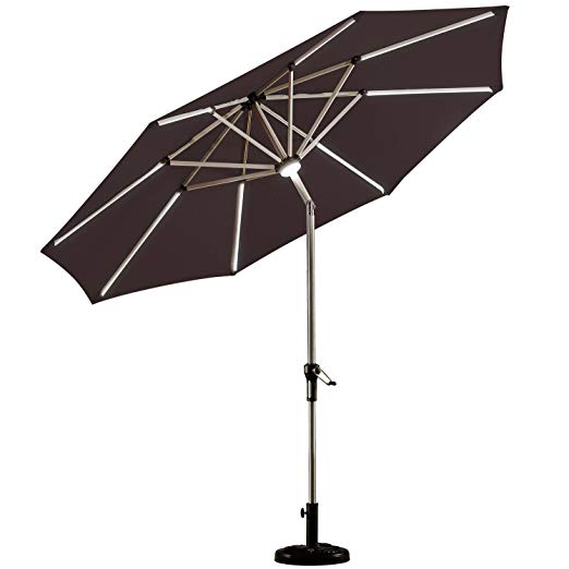 PURPLE LEAF 9 Feet Solar Powered LED Lighted Patio Umbrella with Push Button Tilt and Crank Outdoor Market Umbrella Garden Umbrella, Brown