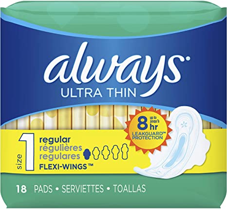 ALWAYS Ultra Thin Size 1 Regular Pads With Wings Unscented, 18 Count