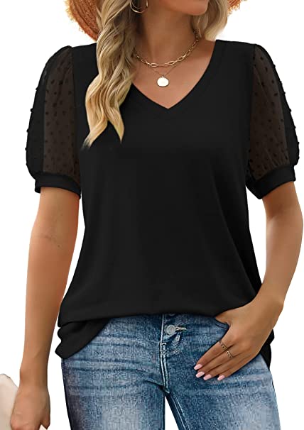 Aokosor Womens Summer Tops V Neck T Shirts Swiss Dot Puff Sleeve Tops Loose Casual Tshirts