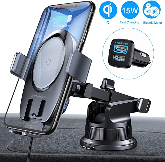 VANMASS 15W Wireless Car Charger Mount, World Leading Electric Automatic Clamping Dashboard Air Vent Windshield Phone Holder, Fast Charging Compatible iPhone 11 Pro Max Xs X,Samsung S20 S10 S9 Note10
