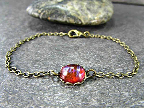Dragons Breath Opal (Simulated) Charm and Brass Chain Bracelet for Men or Women