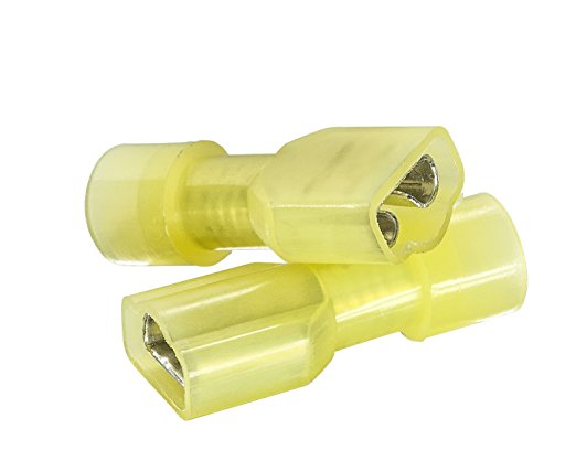 50 PCS Yellow Female Nylon Disconnect Spade Terminal, 12-10 Gauge, Fully-Insulated Crimp Connector for Marine & Automotive Use - 0.25” Tin Plated Brass Receptacle