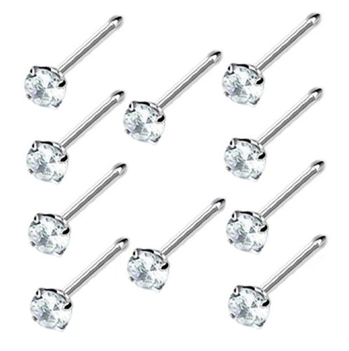 Clear Cz 925 Sterling Silver Bendable Nose Ring with 1.2mm Prong Round Setting Ball Ended 3/8" 10 Pcs Set