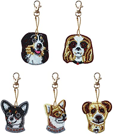 DIY 5D Diamond Painting Keychain for Kids and Adult,Full Drill Pendant Mosaic Making Key-Chains Key Ring,Phone Charm Bag Pendant Decor Accessory 5 Pack (Dog)