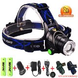 Mifine Waterproof LED Headlamp with Zoomable 3 modes 1000 Lumens light hands-free headlight with Rechargeable batteries for biking camping hunting running rainy weather