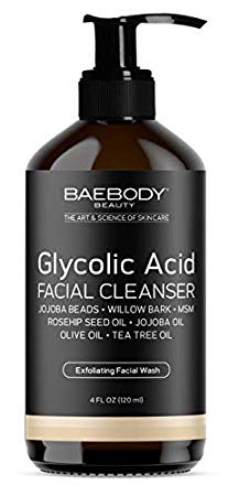 Baebody Glycolic Acid Facial Cleanser with Jojoba Beads, Tea Tree Oil & Rosehip Oil, 4 Ounces