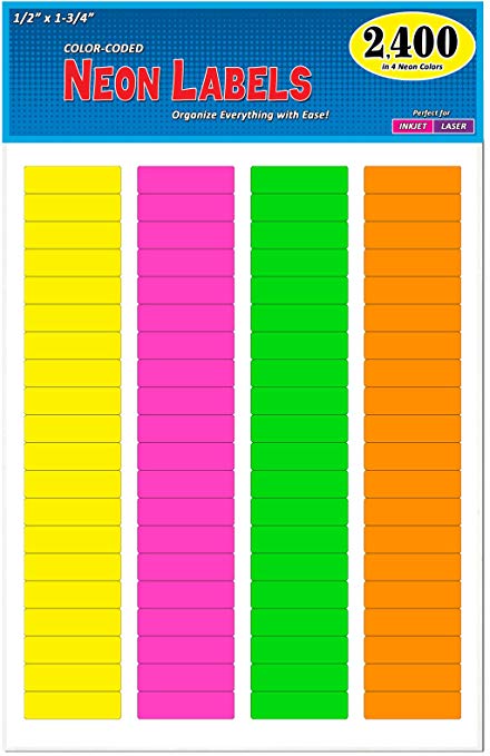 Pack of 2400, 1/2" x 1-3/4" Rectangle Color Coding Address Labels, Bright Neon Colors, 8 1/2 x 11 Inch Sheet, Fits All Laser/Inkjet Printers, 80 Labels per Sheet, 0.5 x 1.75 Inches