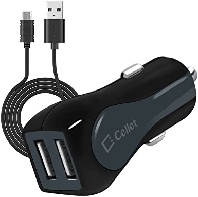 Cellet Fast Car Charger, 12 watt Dual USB Car Charger with 4ft Long Including Micro USB Cable Compatible with Samsung Motorola LG with Micro USB Port