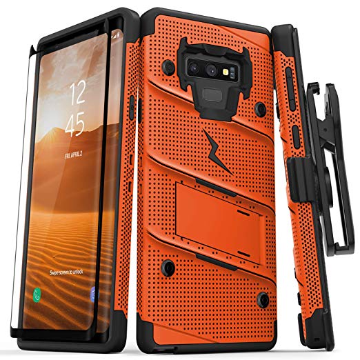 Zizo Bolt Series Galaxy Note 9 Case with Holster, Lanyard, Military Grade Drop Tested and Tempered Glass Screen Protector for Samsung Galaxy Note 9 Cover - Orange/Black