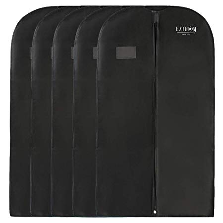 Ezihom 42" Garment Bags for Storage, Black Non Woven Fabric Breathable Garment Bags for Suits, Luggage, Dresses, Coats, Dustproof, Name Card Pocket, Travel Garment Bags, 5Pcs