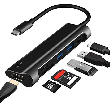 Upgraded-USB C Hub, 6 in1 USB C to HDMI Digital AV Multiport Adapter, USB C Dock with 4K HDMI Port, PD Charging Port, 2 USB3.0, SD/Micro SD Card Reader for MacBook pro, ChromeBook Pixelbook (Black)