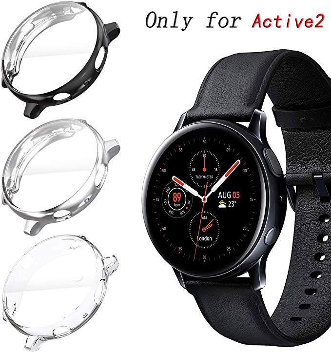 KPYJA for Samsung Galaxy Watch Active 2 44mm Screen Protector, All-Around TPU Anti-Scratch Flexible Case Soft Protective Bumper Cover for Galaxy Watch Active 2 Smartwatch (Black/Silver/Clear, 44mm)