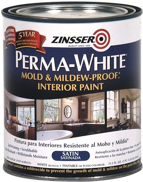 Zinsser 02704 Quart Satin Gloss Perma-White Mildew-Proof Bathroom Paint