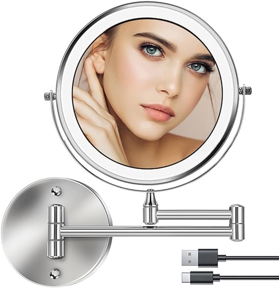 LED Wall Mounted Makeup Mirror, FOME 8 Inch Rechargeable Double Sided Vanity Mirror with 10X Magnification,3 Color Lights Touch Screen Dimmable 360°Rotation Extendable