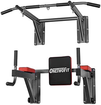 ONETWOFIT Multifunctional Wall Mounted Pull Up Bar Power Tower Set Chin Up Station Home Gym Workout Strength Training Equipment Fitness Dip Stand Supports to 330 Lbs