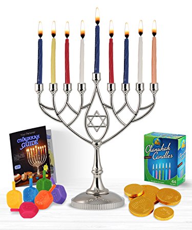 Zion Judaica Hanukkah Value Kit - Full Size Solid Menorah 45 Colored Candles Complete Hanukkah Guide Booklet 6 Colored Dreidels Sack of Milk Belgian Hanukkah Coins Gelt - All Essentials in 1 Box