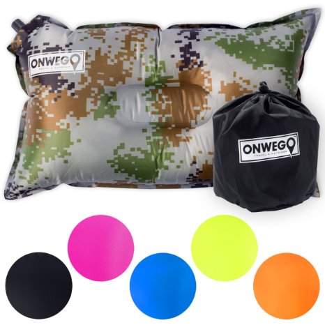 ONWEGO Best Inflatable Travel Pillow, Self Inflating Travel Pillow, Air Travel Pillow. A comfortable inflatable pillow for the airplane, beach, car, camping, or relaxing outdoors.