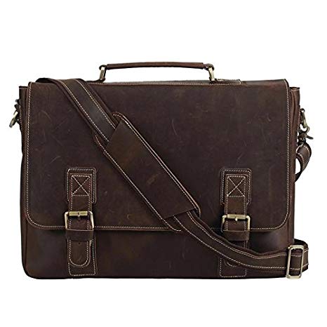 Polare Men's Vintage Thick Full Grain Leather Messenger Bag Fit 16 Inch Laptop