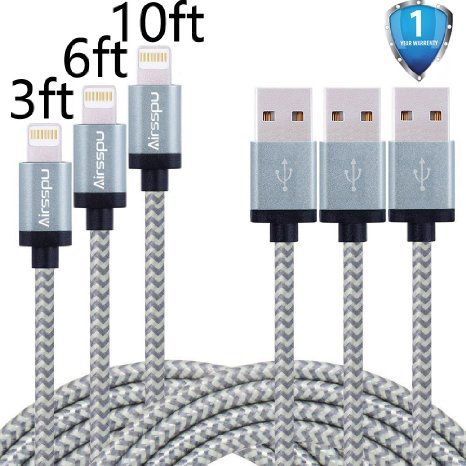 Airsspu 3Pack 3FT 6FT 10FT Nylon Braided Lightning Cable USB Charging Cord with Aluminum Connector for iPhone 6/6s/6 plus/6s plus, 5c/5s/5, iPad Air/Mini/iPod(Gray)
